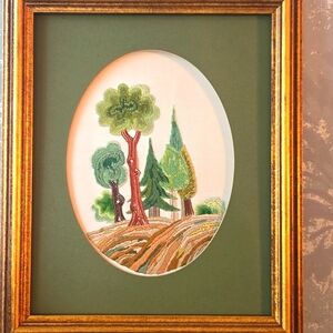 Handmade Green & Brown Embroidered Tree Landscape Wall Art